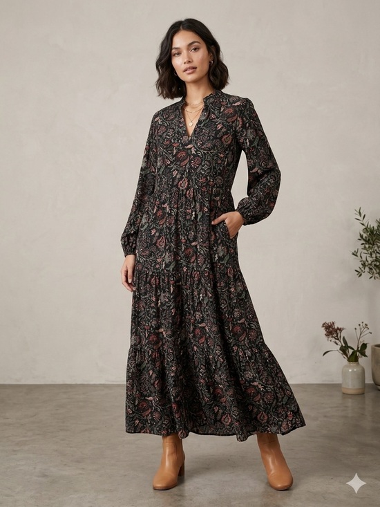 Jessica Howard Dresses & Skirts - Jessica Howard Paisley Tiered Floral Maxi Dress Long Sleeve Black Boho Size 12/L